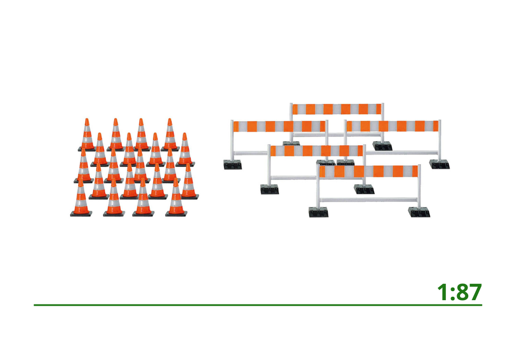 [052566-002] Pylons (20x) barriers (5x) orange/white 1:87